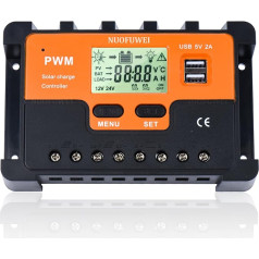 NUOFUWEI 30A saules uzlādes kontrolieris 12V 24V saules kontrolieris, PWM 30A saules uzlādes kontrolieris ar temperatūras sensoru, 2USB pieslēgvietas, piemērots 12V (390W) 24V (780W) svina skābes akumulatoriem un saules paneļiem