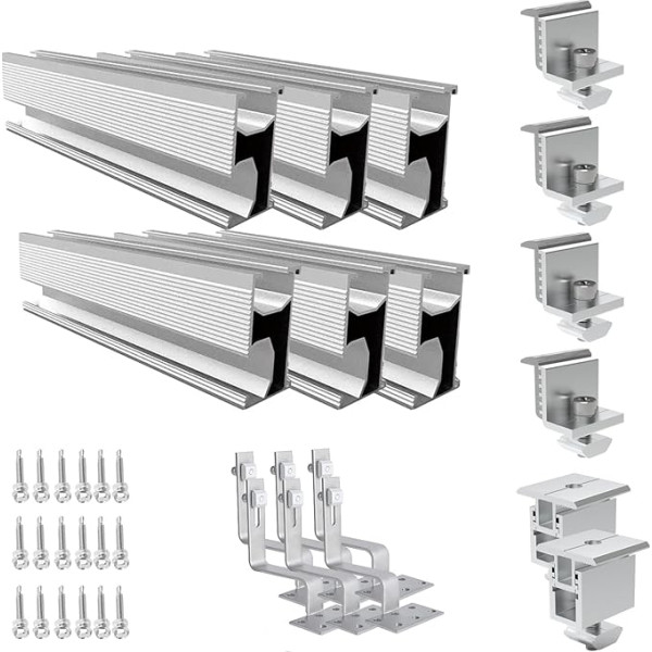 Fotogalvanisko saules paneļu jumta montāžas komplekts ar montāžas sliedes jumta āķiem, saules moduļu paneļu jumta montāžas sliedes komplekts moduļu augstumam 30 mm - 50 mm (2 x saules paneļiem)