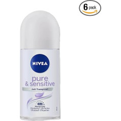 Nivea Pure & Sensitive Deo Roller 6 iepakojumos (6 x 50 ml), antiperspirants roll-on, piemērots jutīgai ādai, dezodorants ar 48 stundu aizsardzību.