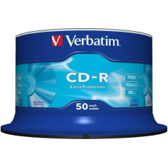 Verbatim CD-R Extra Protection, kompaktdiski ar 700 MB datu ietilpību, ideāli piemēroti foto- un videoierakstiem, saderīgi ar visiem tradicionālajiem kompaktdiskiem, 50 eksemplāru iepakojumā