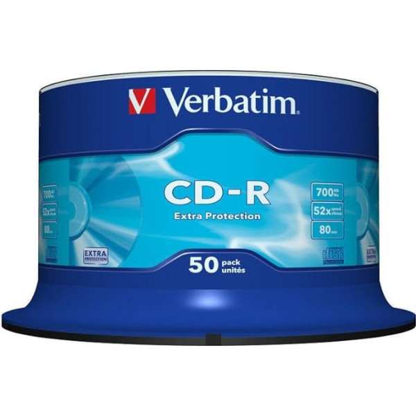 Verbatim CD-R Extra Protection, kompaktdiski ar 700 MB datu ietilpību, ideāli piemēroti foto- un videoierakstiem, saderīgi ar visiem tradicionālajiem kompaktdiskiem, 50 eksemplāru iepakojumā