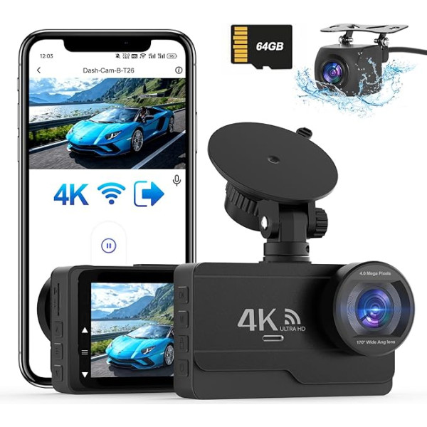 SIGRILL 4K/2K + 1080P Dash Cam Auto priekšējā aizmugurējā WiFi Dashcam bezmaksas 64GB karte, 170° plats leņķis, Dash Cam G-sensors, Auto kameras lietotnes vadība, WDR nakts redzamība, bezvadu kamera, Mini kamera 256GB atbalstam