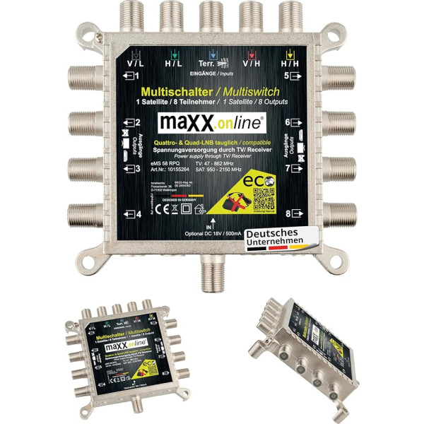 maxx.onLine Multiswitch 8 abonenti un 1 satelīts, piemērots Quad & Quattro LNB, nav nepieciešams barošanas avots, DVB-S Multiswitch 5/8 ar Eco taupīšanas režīmu