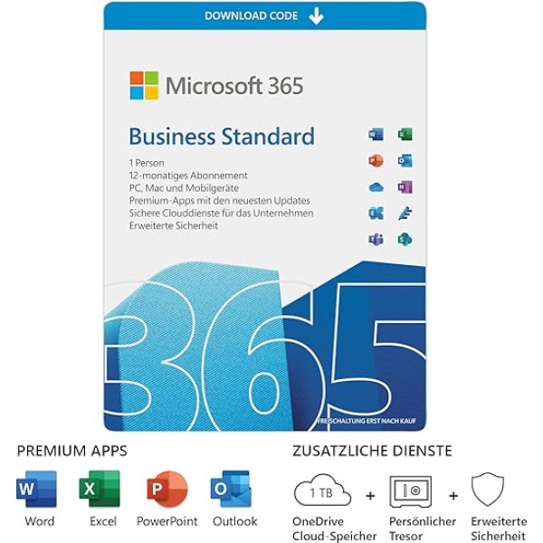 Microsoft 365 Business Standard | 1 lietotājs | 5 datori/Mac, 5 planšetdatori un 5 mobilās ierīces | 1 gada abonements | Lejupielādes kods