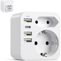 Adapteris 6-in-1 ASV kontaktligzda, adapteris ASV Vācija kontaktdakša ar 3USB 1USB C (3.4A), ceļojuma adapteris ASV kontaktligzdas adapteris, ceļojuma kontaktdakšas strāvas adapteris Amerikai, Kanādai, Taizemei, Meksikai (balts)