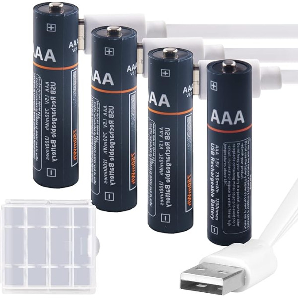 Kamnnor uzlādējamas AAA litija baterijas, 1,5 V USB uzlādējamas Li-Ion AAA baterijas 750 MWh ar 4-in-1 C tipa uzlādes kabeli, ātra uzlāde 2 stundās, 1200 reižu cikliska uzlāde, iepakojumā 4 gab.