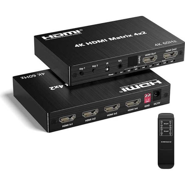 HDMI slēdzis 4x2, 4K 60Hz HDMI matricas sadalītājs 4 in 2 Out ar tālvadības pulti, HDMI slēdzis 4x2, atbalsta 3D video, audio LPCM/Dolby/DTS 5.1, 18Gbps, EDID