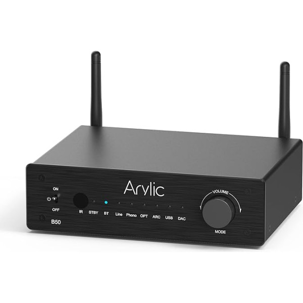 Arylic B50 pastiprinātājs ar Bluetooth, stereo pastiprinātājs, 2 kanālu 50 W*2 mājas audio AMP, ar HDMI, ARC, Opt, DAC, Phono ieeju, atbalsta aptX augstas izšķirtspējas mūzikas pārraidi un uztveršanu