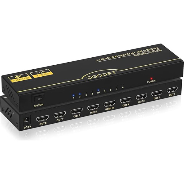 HDMI sadalītājs 1 ieejas un 8 izejas vienlaicīgi 4K @ 30Hz, HDMI sadalītājs atbalsta UHD 4K 3D HDCP1.4 HDTV, DVD, Xbox, PS3/4, Blu-ray, projektoram