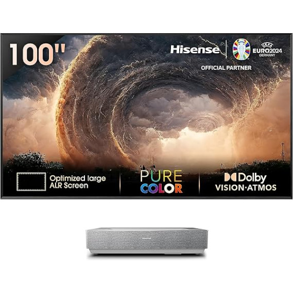 Hisense 100L5HD Daylight Screen (100 collu) lāzera TV projektors, ietver 100 collu dienasgaismas ekrāna paneli, 4K, HDR10+, VIDAA U6, īpaši maza attāluma, Dolby Vision, trīskāršs uztvērējs, Dolby Atmos, WiFi,