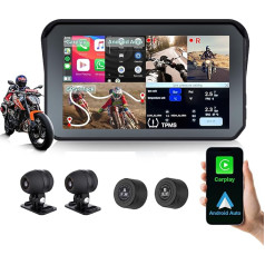 Motociklu DVR Bezvadu Apple Carplay, Android auto, TPMS, Dual AHD 1080P priekšējā/ aizmugurējā skata kameras, GPS, G-sensors, Siri & Google Voice, 5 collu IPS skārienjūtīgais ekrāns, WiFi, Bluetooth un ūdensizturīgs