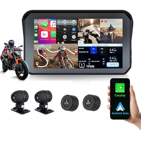 Motociklu DVR Bezvadu Apple Carplay, Android auto, TPMS, Dual AHD 1080P priekšējā/ aizmugurējā skata kameras, GPS, G-sensors, Siri & Google Voice, 5 collu IPS skārienjūtīgais ekrāns, WiFi, Bluetooth un ūdensizturīgs