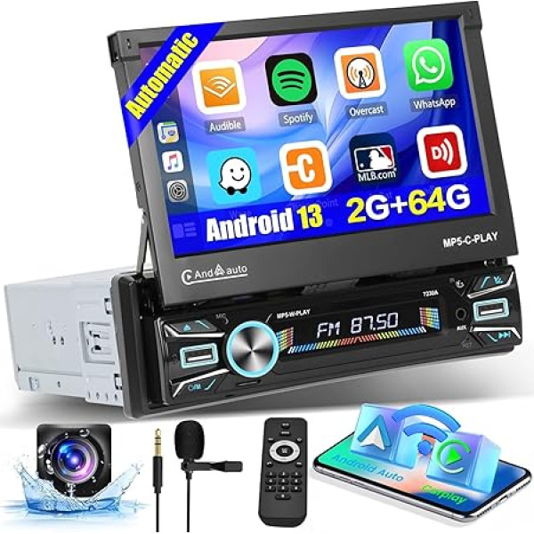 Hikity 2G 64G Auto radio 1Din navigācija ar automātisko ekrāna paplašināmo Android 13 Bezvadu Carplay Android auto 7 collu radio Stereo 1Din ar WiFi Bluetooth Mirror Link FM AUX TF USB SWC atpakaļgaita