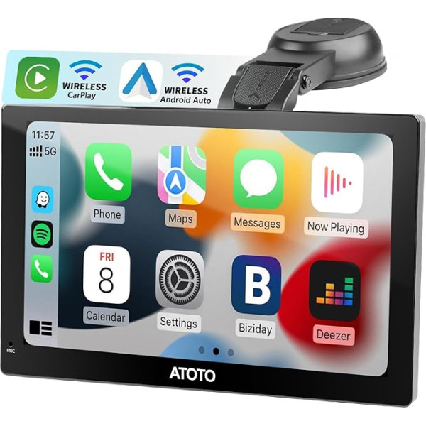 ATOTO P5 9 collu QLED CarPlay displejs Pārnēsājams auto radio, bezvadu CarPlay un Android Car, QLED Anti-Glare skārienjūtīgais ekrāns, Bluetooth, MirrorLink, automātiskā aptumšošanas funkcija, AUX/FM izeja, GPS satelītnavigācija,