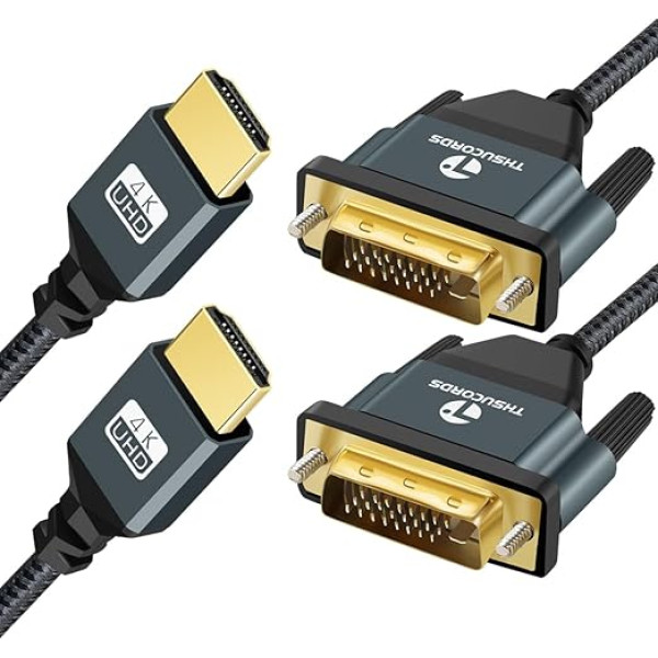 Thsucords 4K HDMI uz DVI kabelis, 2 m, zeltīts, pīts DVI uz HDMI kabelis, divvirzienu, saderīgs ar projektoru, klēpjdatoru, TV, datoru, DVD atskaņotāju