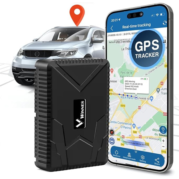 Winnes GPS Tracker 120 dienu ilgs gaidīšanas laiks GPS Tracker Car bez abonementa ar bezmaksas aplikācijām Spēcīgs magnētiskais un IP65 ūdensizturīgs GPS Car Finder visā pasaulē