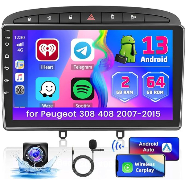 Hikity [2+64G] Android 13 auto radio ar satelīta navigāciju Peugeot 308 408 (2007-2013) Bezvadu Carplay Android Car 9 collu skārienjūtīgais displejs Auto radio ar GPS Bluetooth RDS WiFi atpakaļgaitas kamera