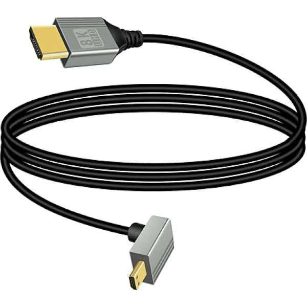 RIIEYOCA 8K Micro HDMI uz HDMI adaptera kabelis, 90 grādu leņķī uz leju no Micro HDMI Male uz HDMI Male 8K@60Hz 4K@120Hz 48Gbps ātrgaitas HDMI 2.1 savienojuma kabelis portatīvajam datoram, televizoram (1M)