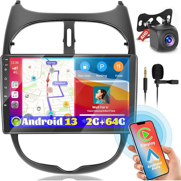 Hikity [2+64G] Android 13 auto radio ar satelīta navigāciju Peugeot 206 206CC Cirteon C2 2001-2016, bezvadu CarPlay Android auto, 9 collu GPS navigācijas radio ar ekrānu RDS WiFi atpakaļgaitas kamera