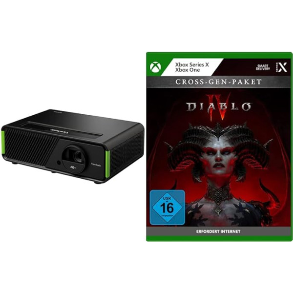 Viewsonic X1-4K LED spēļu projektors - Diablo IV komplekts (4K UHD, 2900 lūmenu, HDR, saderīgs ar 3D, 2 x 6 vatu Harman Kardon skaļruņi, paredzēts Xbox)