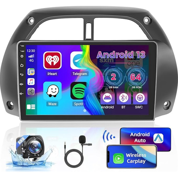 2GB + 64GB Android 13 Auto radio Toyota RAV4 2001-2006 Radio bezvadu Apple CarPlay Android auto Bluetooth 9 collu ekrāns Auto radio ar navigācijas atpakaļgaitas kameru