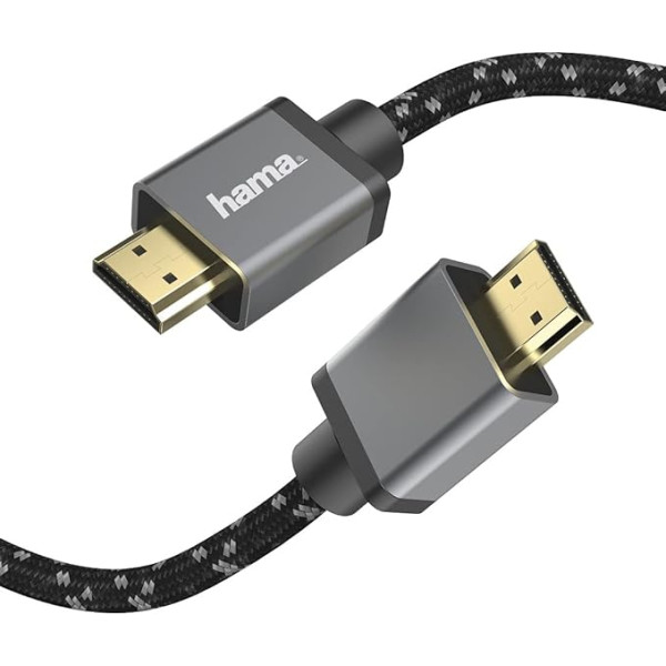 Hama Premium HDMI kabelis 5 m, īpaši ātrdarbīgs (lielisks monitora kabelis 4K / 8K, 48 Gbit/s, UHD ekrāna kabelis eARC, Ethernet, HDR, aramīda šķiedras kabeļa apvalks, HDMI 2.1 kabelis 120 Hz/60 Hz) 5 m