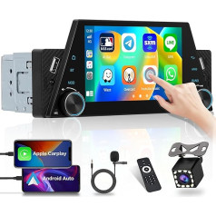 Hikity 5 collu skārienjūtīgais ekrāns Bluetooth 1 DIN ar Carplay & Android Car & Mirror Link Auto radio skārienjūtīgais displejs ar FM radio SWC 2USB & Type-C Mic Telecomando atpakaļgaitas kamera