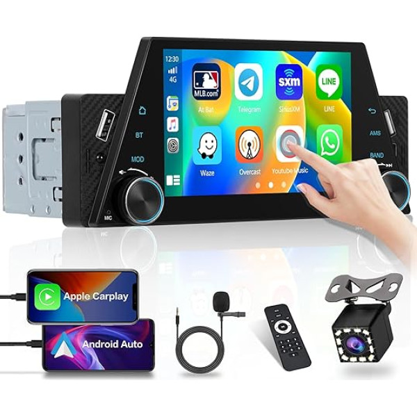 Hikity 5 collu skārienjūtīgais ekrāns Bluetooth 1 DIN ar Carplay & Android Car & Mirror Link Auto radio skārienjūtīgais displejs ar FM radio SWC 2USB & Type-C Mic Telecomando atpakaļgaitas kamera