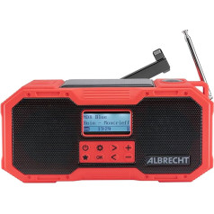 Albrecht DR 112, pārnēsājams DAB+/FM ārtelpas radio, 27911, SOS avārijas izsaukums, lukturītis, saules baterija, barošanas bloks, IPX5 ūdens aizsardzība, melns, sarkans