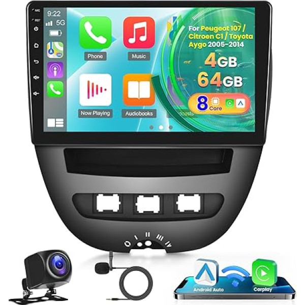 [8 Core 4+64G] Android auto radio Peugeot 107 / Citroen C1 / Toyota Aygo 2005-2014 ar Carplay un Android Car - 10,1 collu IPS skārienjūtīgais ekrāns Auto radio - DSP WiFi GPS Split Screen Voice Assistant