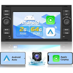 Podofo Auto radio priekš Ford Focus/C-max/S-max/Galaxy/Fusion/Fiesta/Mondeo/Kuga/Transit Connect ar Wireless Carplay Android Car, 7 collu skārienjūtīgais ekrāns, radio ar Bluetooth, WiFi, GPS + atpakaļgaitas kamera