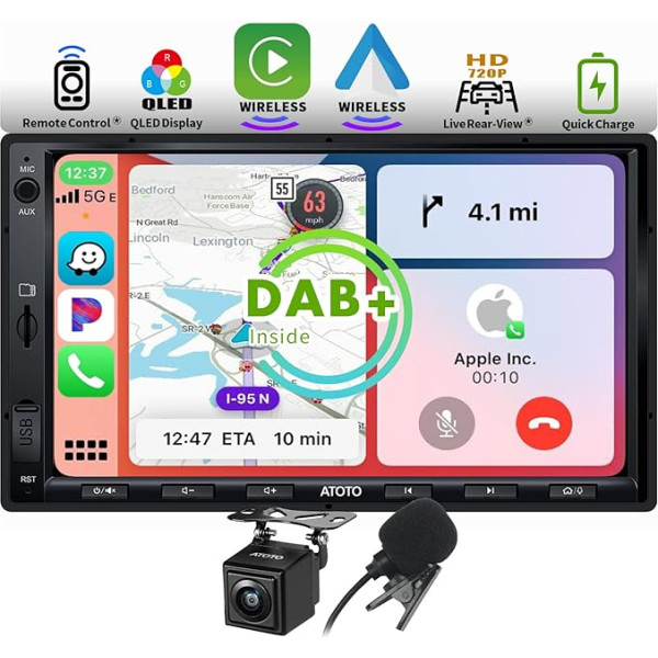 ATOTO F7XE Double DIN radio, iebūvēts DAB+, bezvadu CarPlay un bezvadu Android Car, Mirrorlink, 7 collu QLED ekrāns, Bluetooth, HD LRV, mobilā tālruņa uzlāde, atpakaļgaitas kamera, F7G2A7XED-S01