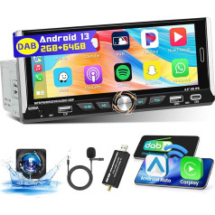 [2+64G] Android 13 Auto radio 1 DIN DAB ar bezvadu Carplay Android auto, Hikity 6,9 collu skārienjūtīgā displeja auto radio ar ekrānu Bluetooth GPS WiFi FM RDS atpakaļgaitas kamera