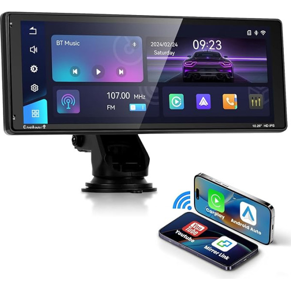 Podofo Bezvadu Carplay auto radio ar Android, 10,26 collu skārienekrāna Carplay displejs ar Airplay/Android Cast/YouTube/Bluetooth/GPS/GPS/balsa vadību/TF ievadi