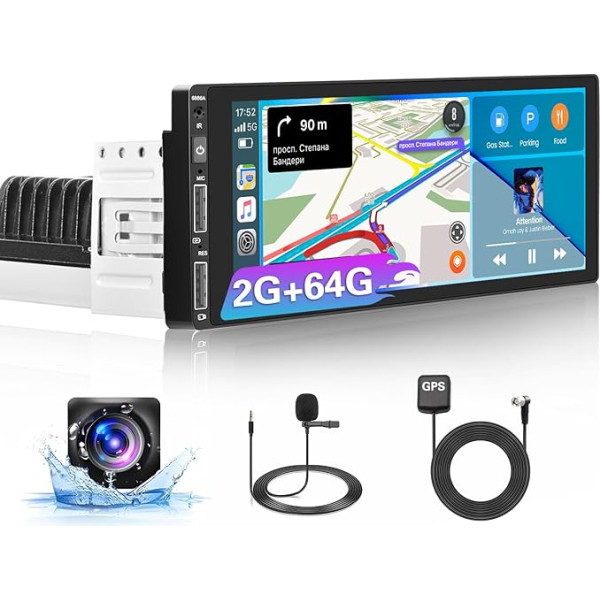 Inefala Android 13 2G/64G 1 DIN auto radio ar navigāciju Bezvadu Carplay Android auto, 6,9 collu skārienjūtīgais ekrāns, auto radio ar GPS, WiFi, BT, USB, FM RDS, MIC, ekvalaizeru, atpakaļgaitas kameru