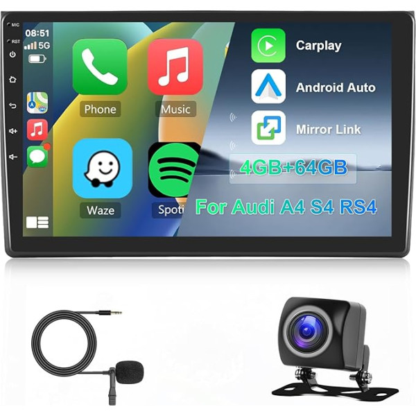 Hodozzy 8 Core 4G + 64G Android auto radio Audi A4 II 2 B6 III 3 B7 2000-2009 S4 2002-2008 RS4 2005-2009.9 collu skārienekrāna navigācija ar Carplay Android Car, Bluetooth DSP WiFi FM RDS aizmugures skats