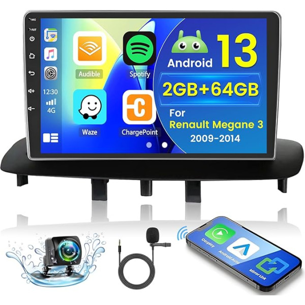 2+64GB Android 13 Auto Radio priekš Renault Megane 3 2009-2014 Radio Wireless Carplay Android Car, 9 collu IPS Touch Screen Radio ar atpakaļgaitas kameru, Bluetooth, Navi, WiFi, DSP, EQ, Mirror Link