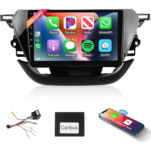 Podofo Carplay auto radio Opel Corsa 2020-2022, 9 collu skārienjūtīgais ekrāns, auto radio 2G + 64G ar bezvadu Carplay Android, Bluetooth/GPS/WiFi/FM/RDS/SWC/HiFi/USB + atpakaļgaitas kamera