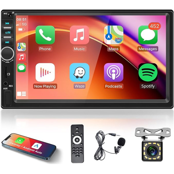 Apple Carplay auto radio 2 DIN ar Android auto Bluetooth brīvroku komplekts 7 collu skārienjūtīgais ekrāns ar auto radio ar spoguļa saiti FM/USB/AUX/EQ/TF stūres rata vadība + atpakaļgaitas kameras mikrofons tālvadības pults