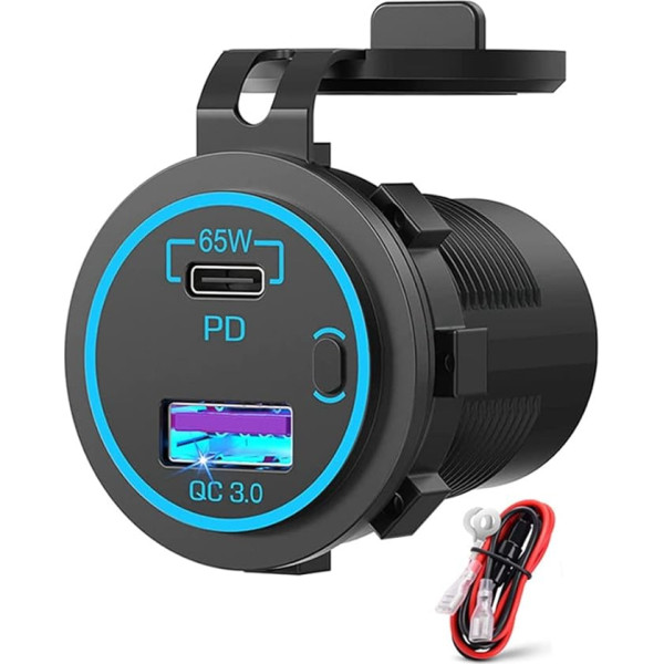 Povxlum USB ligzda portatīvajam datoram USB C auto lādētāja ligzda 65W PD 12V Multi Port Outlet ūdensizturīgs adapteris vieglajam auto laivai kravas automašīnai