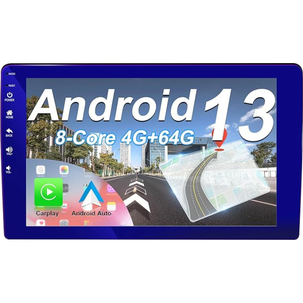 DDKUS 10,1 collu Android 13 Auto Stereo, 8 kodolu 4GB RAM 64GB ROM Daudzkrāsains radio Atbalsta bezvadu CarPlay un Android Car, atbalsta Dab + WiFi RDS OBD2 4G