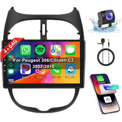 8 kodolu 4 + 64G: Hodozzy Carplay autoradio Peugeot 206/206cc/Citroen C2 2002-2010, 9 collu skārienjūtīgais ekrāns Android auto radio Bluetooth ar Android Car/WiFi/GPS/RDS/FM/DSP