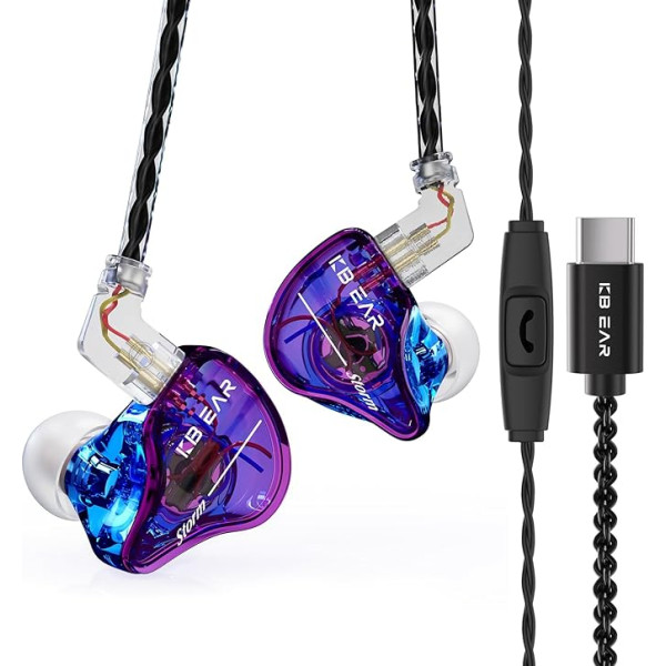 keephifi Kbear Storm USB C vadu In-Ear austiņas ar 10 mm dinamisko draiveri un noņemamu kabeli dziedātājiem mūziķiem audiofilam (rozā zilas ar mikrofonu)