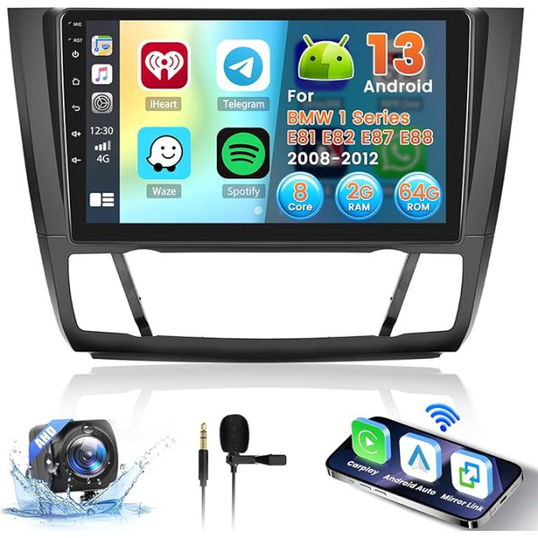 [8 Kerne 2+64G] Inefala 9 Zoll Android 13 Autoradio für BMW 1er E81 E82 E87 E88 (2008-2012) 2 DIN Bildschirm mit Wireless CarPlay Android Auto 32EQ 59UI FM RDS GPS Bluetooth WiFi Lenkradsteuerung