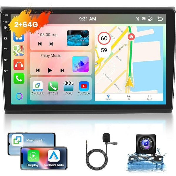 Podofo Auto radio Fiat Bravo 2008-2013 ar bezvadu Carplay Android Car, 9 collu IPS skārienjūtīgais ekrāns, 8 kodolu 4+64G Bluetooth/WiFi/Mirror Link/GPS/DSP + atpakaļgaitas kamera