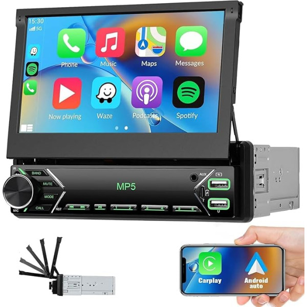 CAMECHO 1 DIN Carplay Android Auto, 7 Zoll Automatisch Bildschirm Autoradio mit Bluetooth Freisprecheinrichtung Mirror Link FM 2 USB Port/Type-C/AUX-in