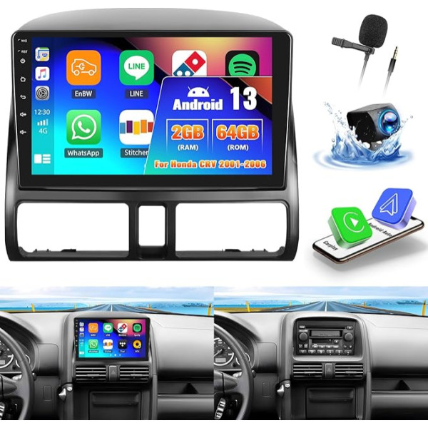 OiLiehu 2G+64G Android 13 Autoradio 2din Carplay Android Auto für Honda CRV 2001-2006 Autoradio Mit Bildschirm 9 Zoll Autoradio mit Mirror Link/EQ/Bluetooth/SWC/FM RDS/WiFi/GPS/Rückfahrkamera