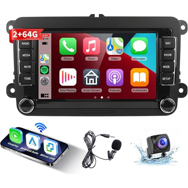 Podofo CarPlay auto radio VW Passat Golf Jetta Polo Bora Touran Seat Sharan, 7 collu skārienjūtīgais ekrāns 2+64G Android 13 Wireless Carplay & Android Car EQ Mirror Link Bluetooth GPS FM/RDS WiFi + atpakaļgaita