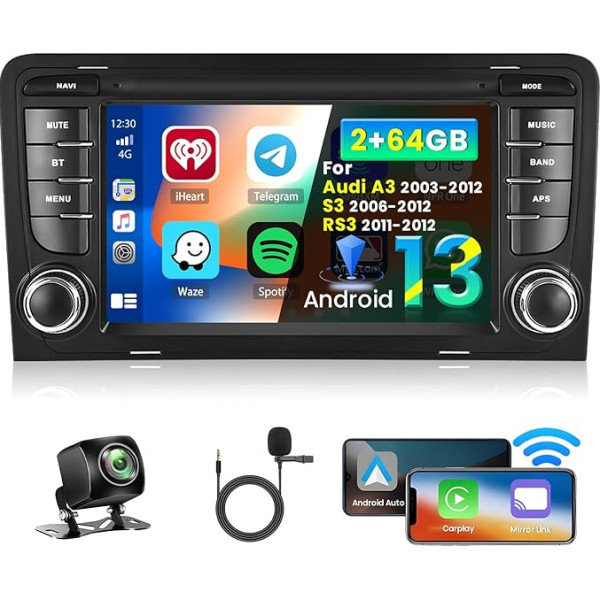 Inefala 7 collu Android 13 auto radio Audi A3 2003-2012/S3 2006-2012/RS3 2011-2012 2 DIN ekrāns (2+64GB) ar Wireless CarPlay Android auto FM RDS GPS Bluetooth atpakaļgaitas kamera