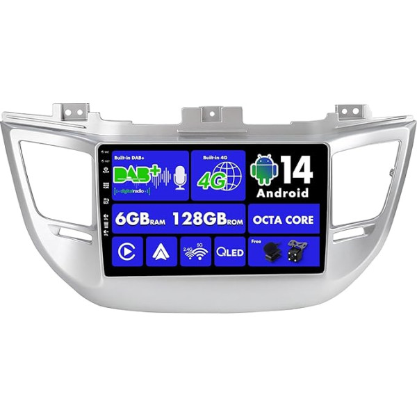 SXAUTO Android 13 - Iebūvēts 4G LTE un DAB - 6G + 128G - Autoradio Hyundai Tucson (2014-2018) - Divu joslu WiFi - CarPlay Android Car - Kamera + Mikrofons - Vadāmība no stūres - QLED 9